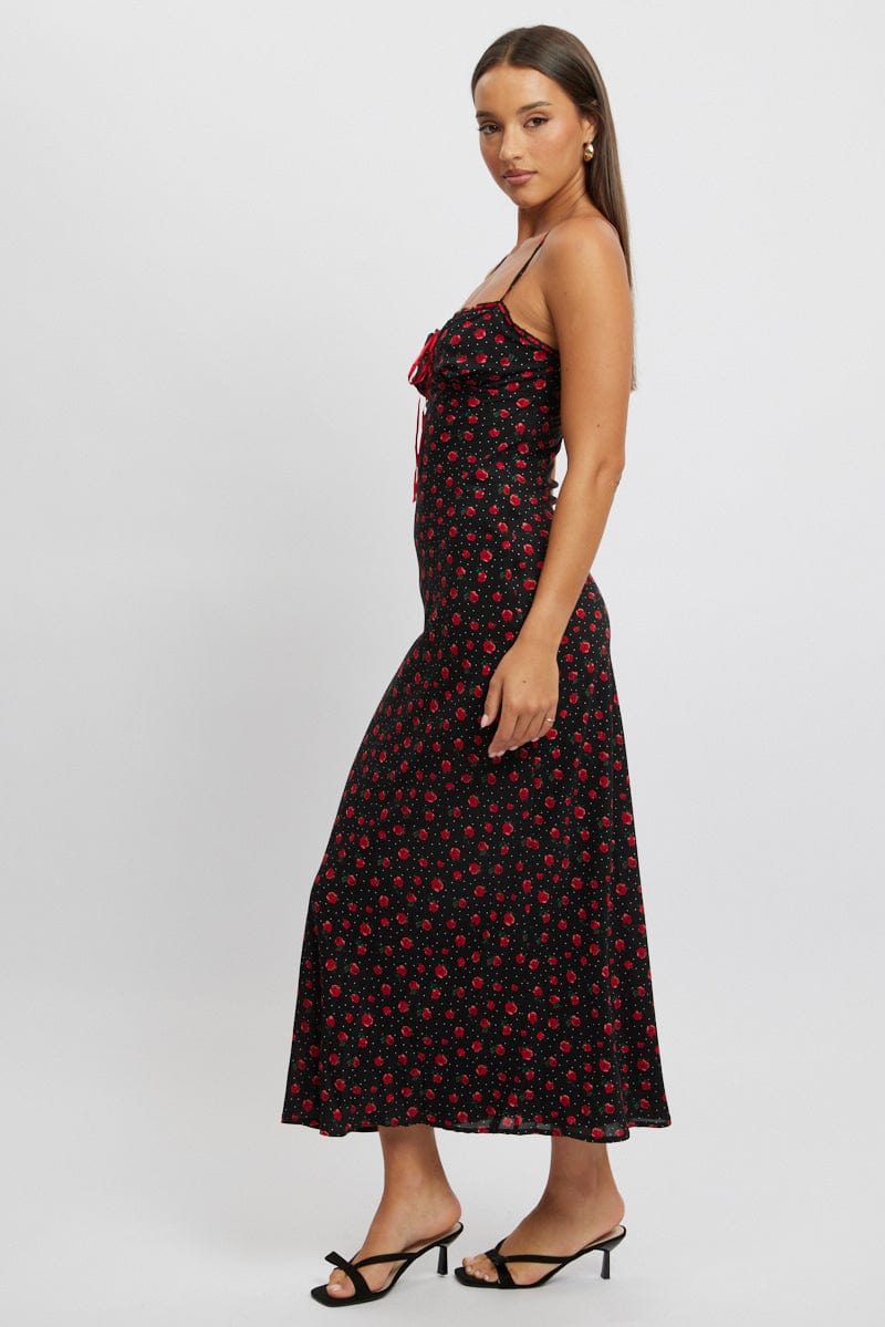 Black Ditsy Maxi Dress Lace Satin Tape | Ally Fashion