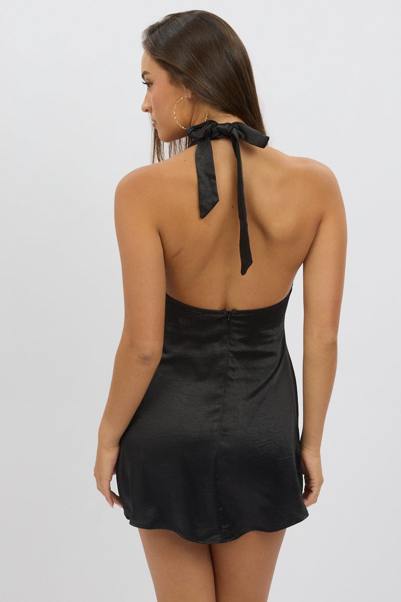 Black Halter Neck Dress Mini Satin for Ally Fashion