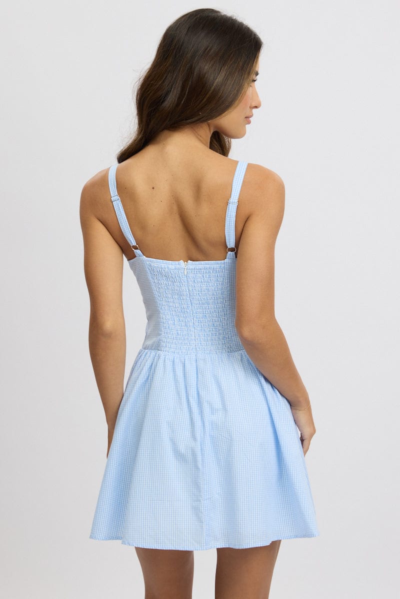 Blue Check Fit And Flare Dress Drop Waist Mini