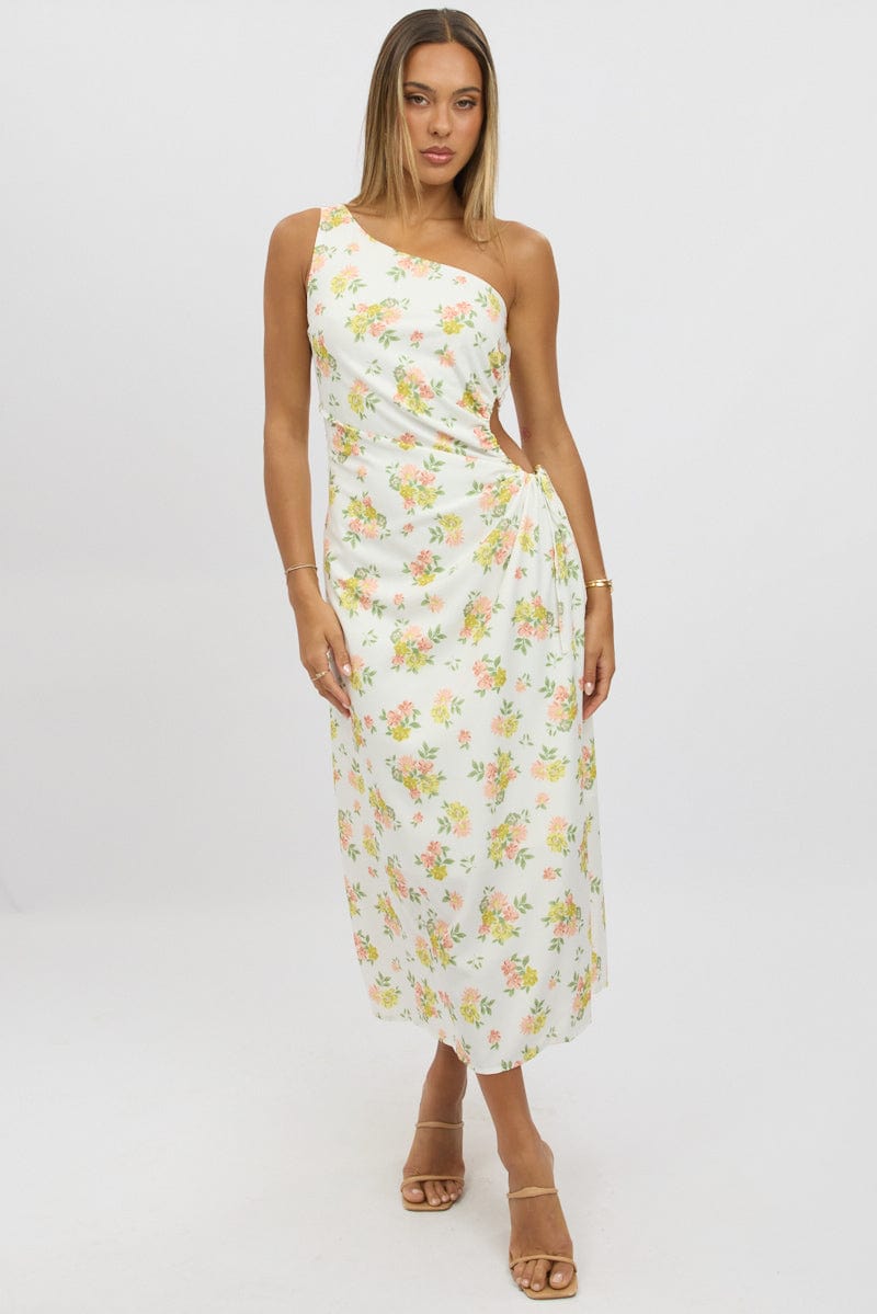 emmylou floral one shoulder midi dress ASTR the Label Emmylou Dress in Green & Purple Floral