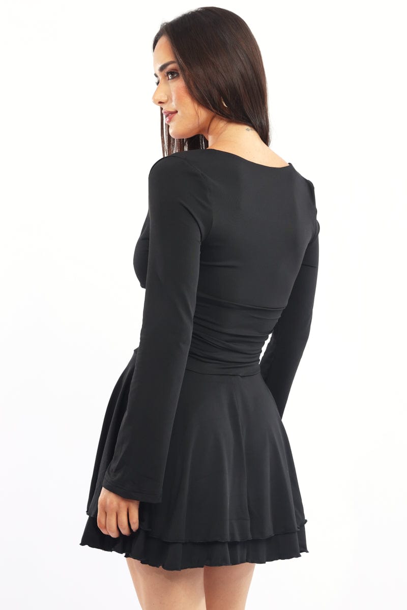 Black Fit And Flare Dress Bell Sleeve | Ally Fashion Black Fit And Flare Dress Bell Sleeve | Ally Fashion