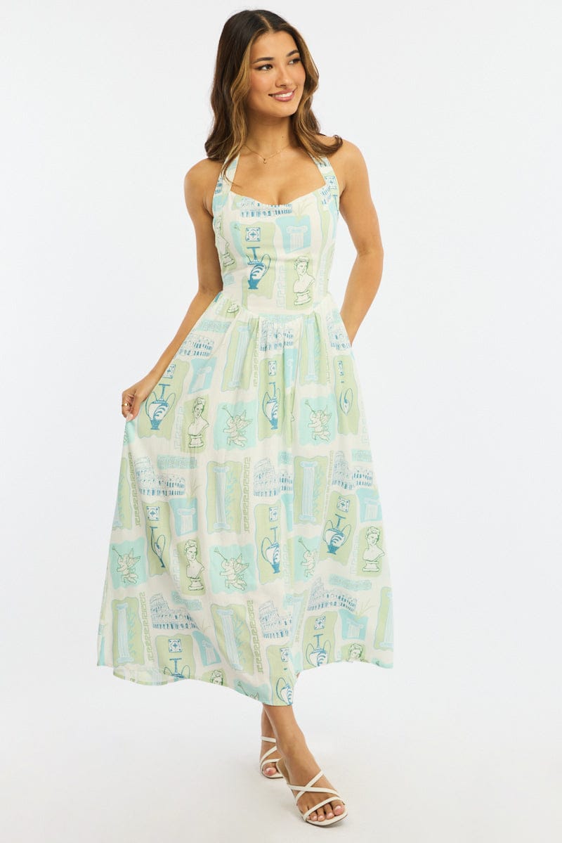 Green Abstract Maxi Dress Halter Neck for Ally Fashion