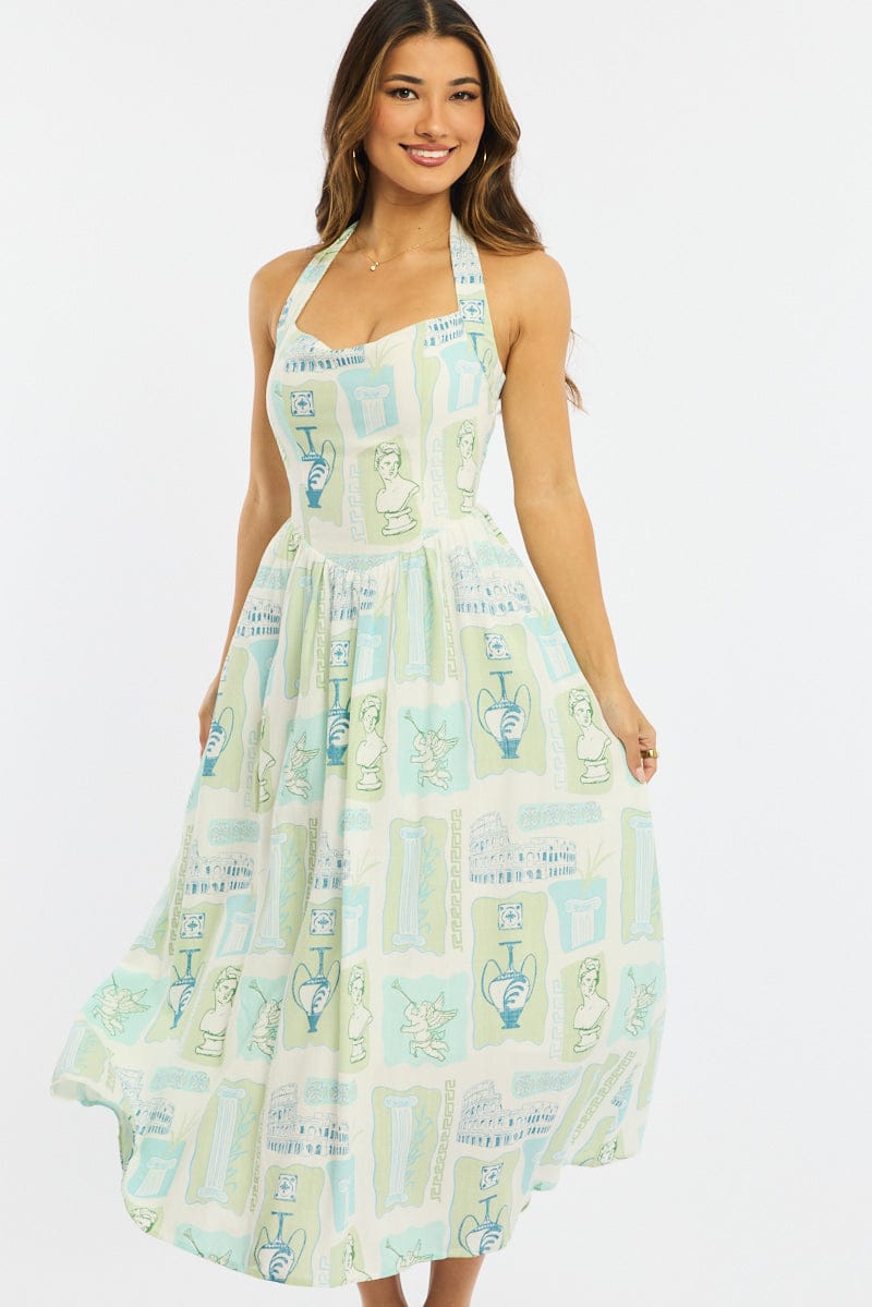 Green Abstract Maxi Dress Halter Neck for Ally Fashion