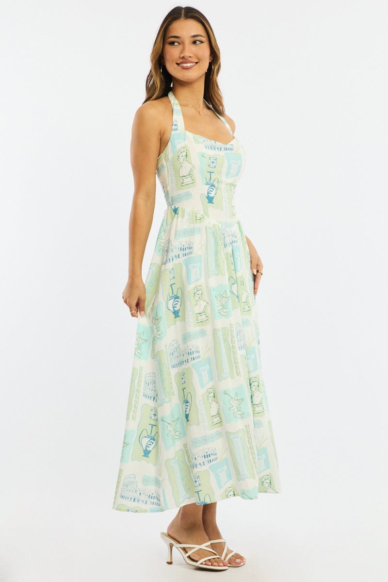 Green Abstract Maxi Dress Halter Neck for Ally Fashion