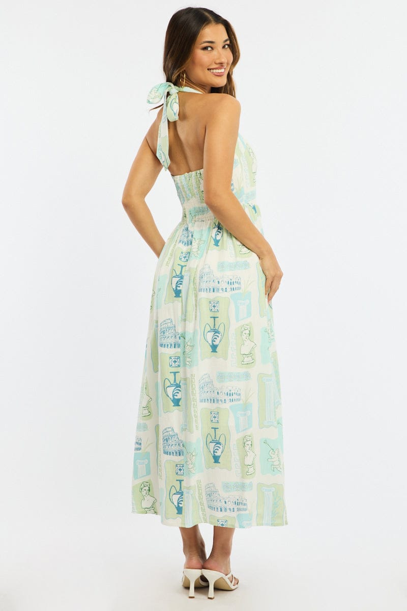 Green Abstract Maxi Dress Halter Neck for Ally Fashion