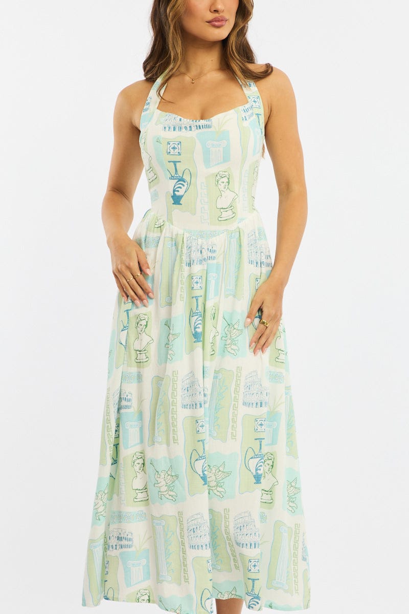 Green Abstract Maxi Dress Halter Neck for Ally Fashion