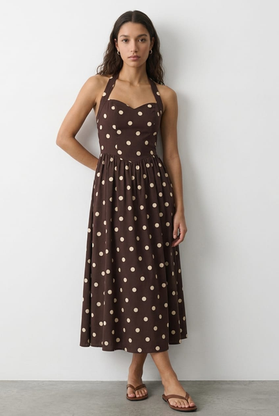 Brown Polka Dot Maxi Dress Halter Neck | Ally Fashion