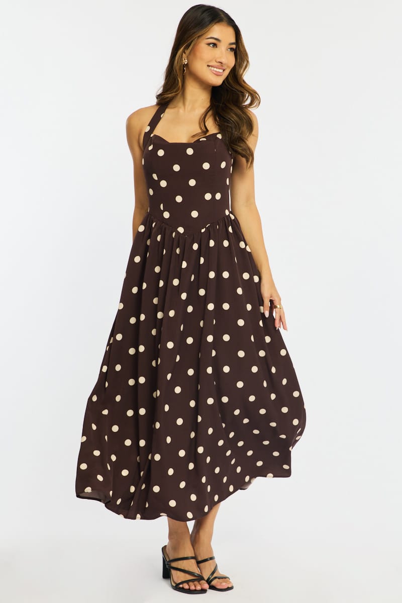 Brown Polka Dot Maxi Dress Halter Neck | Ally Fashion Brown Polka Dot Maxi Dress Halter Neck | Ally Fashion