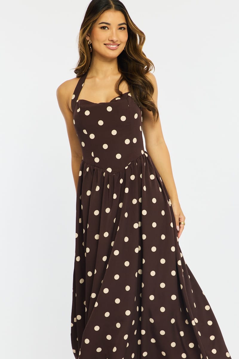 Brown Polka Dot Maxi Dress Halter Neck | Ally Fashion Brown Polka Dot Maxi Dress Halter Neck | Ally Fashion