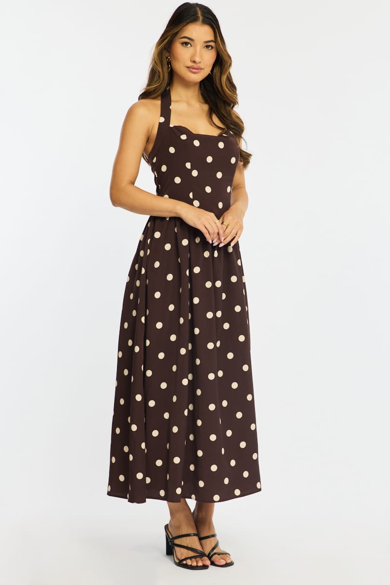 Brown Polka Dot Maxi Dress Halter Neck for Ally Fashion