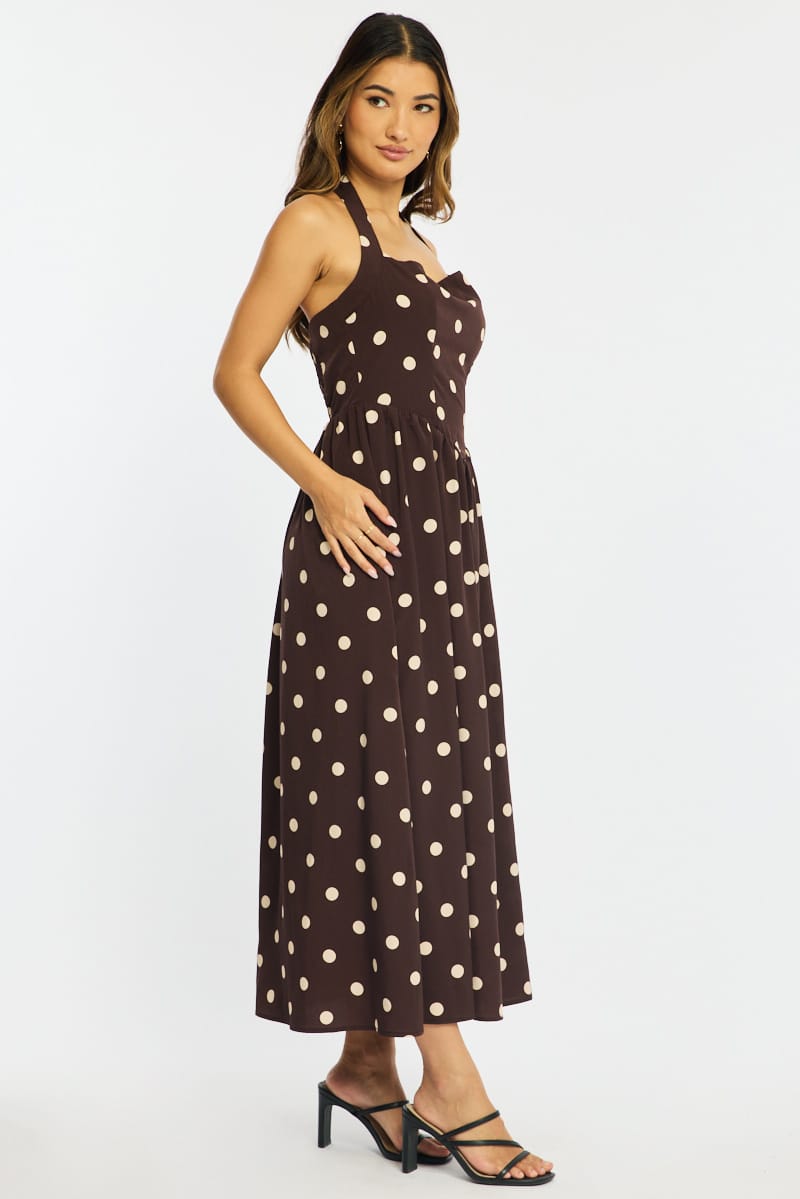 Brown Polka Dot Maxi Dress Halter Neck | Ally Fashion Brown Polka Dot Maxi Dress Halter Neck | Ally Fashion