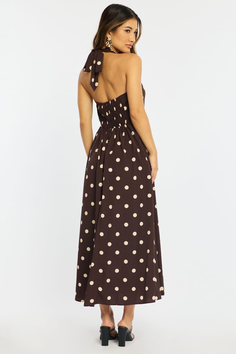 Brown Polka Dot Maxi Dress Halter Neck | Ally Fashion Brown Polka Dot Maxi Dress Halter Neck | Ally Fashion