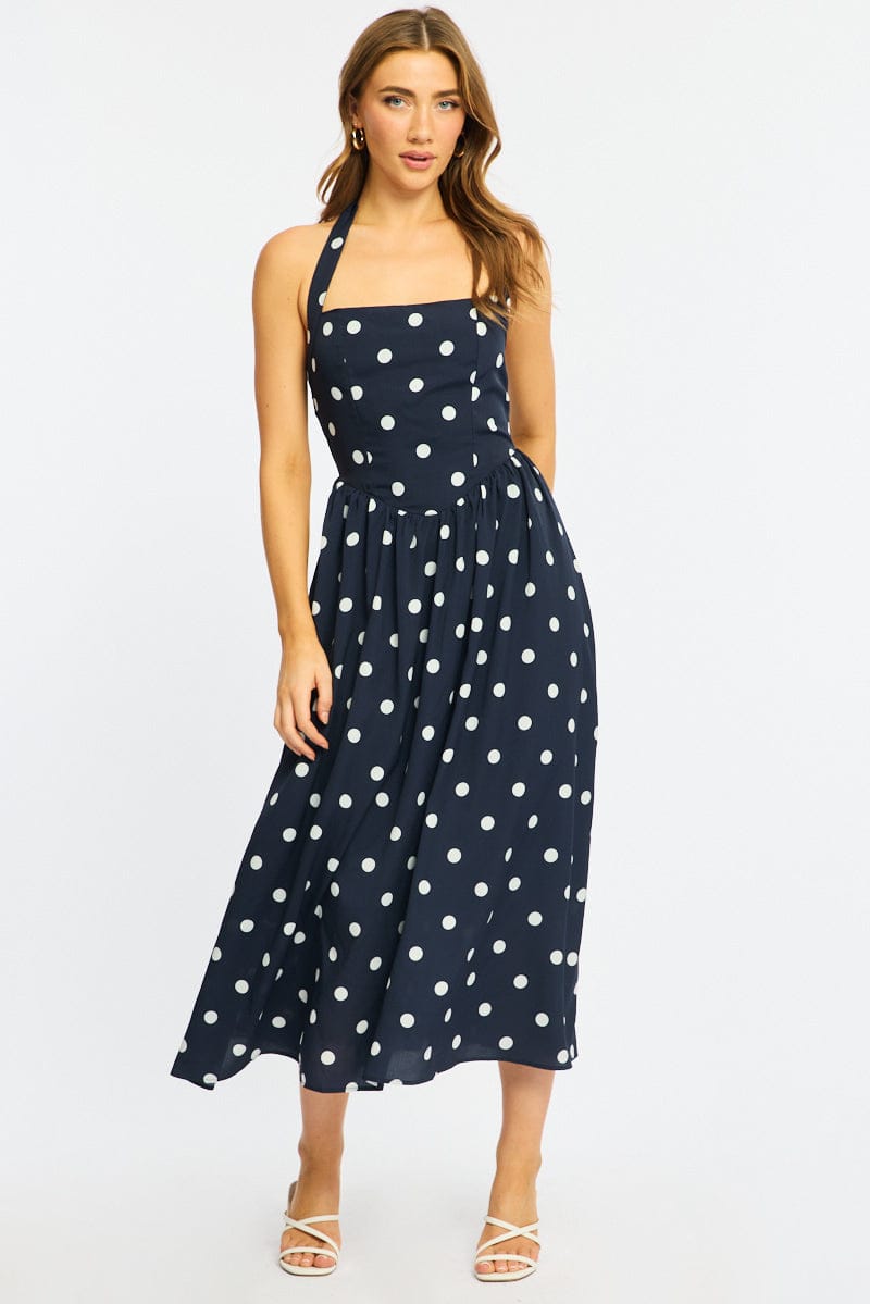 Blue Polka Dot Maxi Dress Halter Neck for Ally Fashion