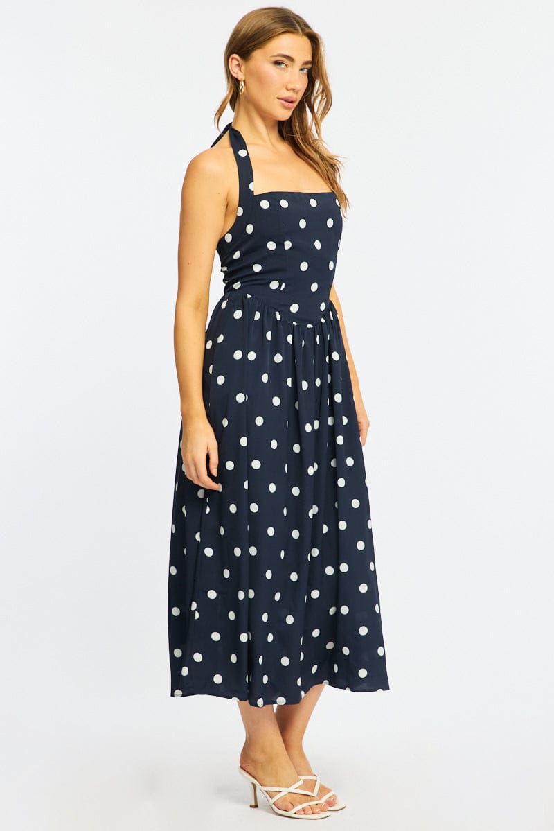 Blue Polka Dot Maxi Dress Halter Neck for Ally Fashion