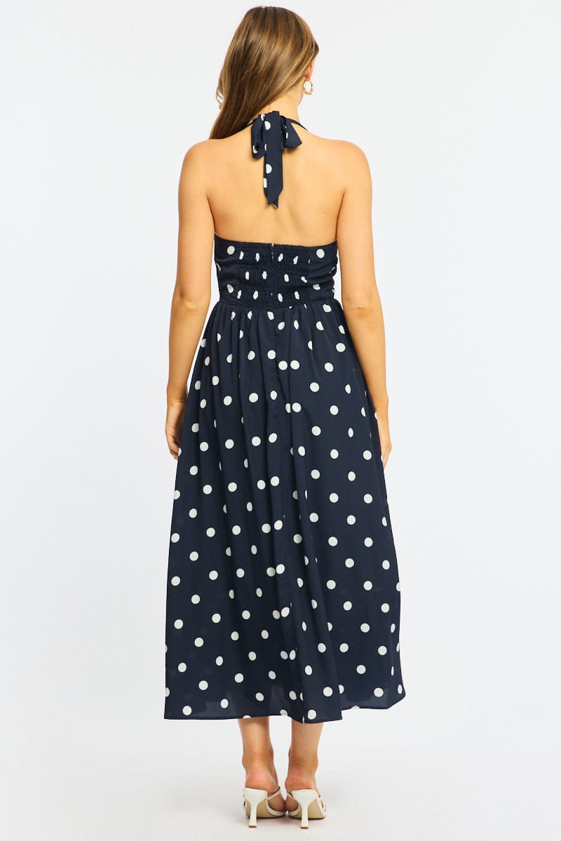 knee length dresses for ladies Prosperina Chelsea Navy Polka Dot Cotton Maxi Dress main image 0