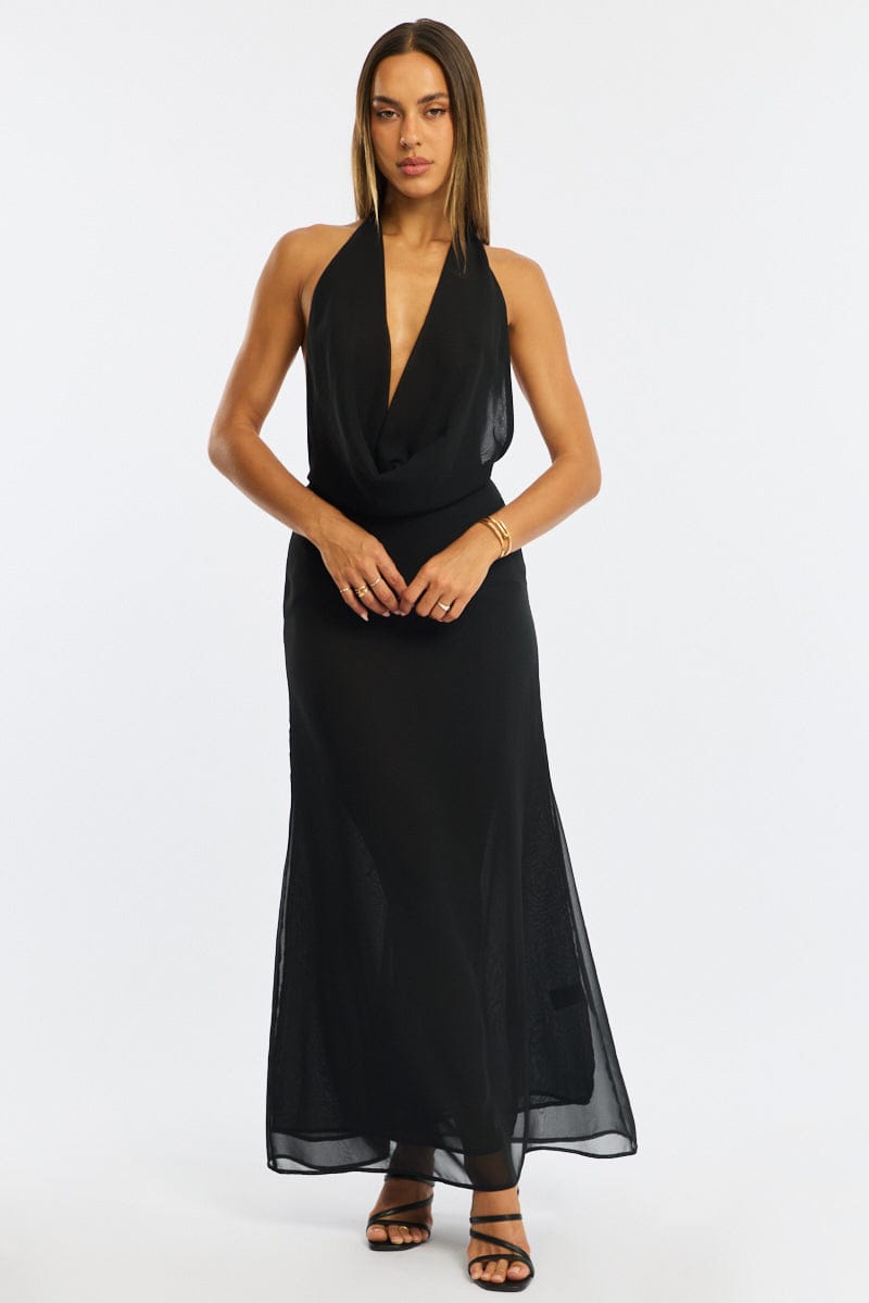Black Cowl Neck Maxi Dress Chiffon for Ally Fashion