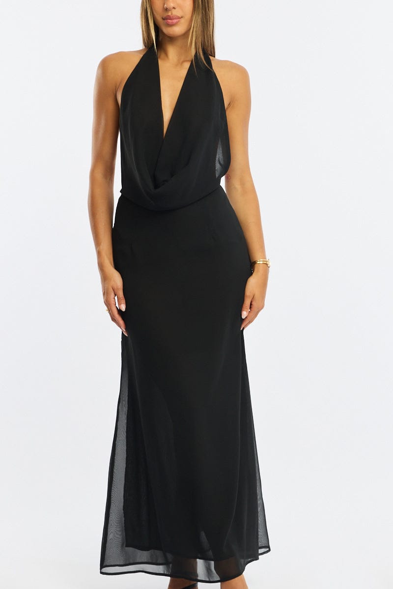 Black Cowl Neck Maxi Dress Chiffon for Ally Fashion