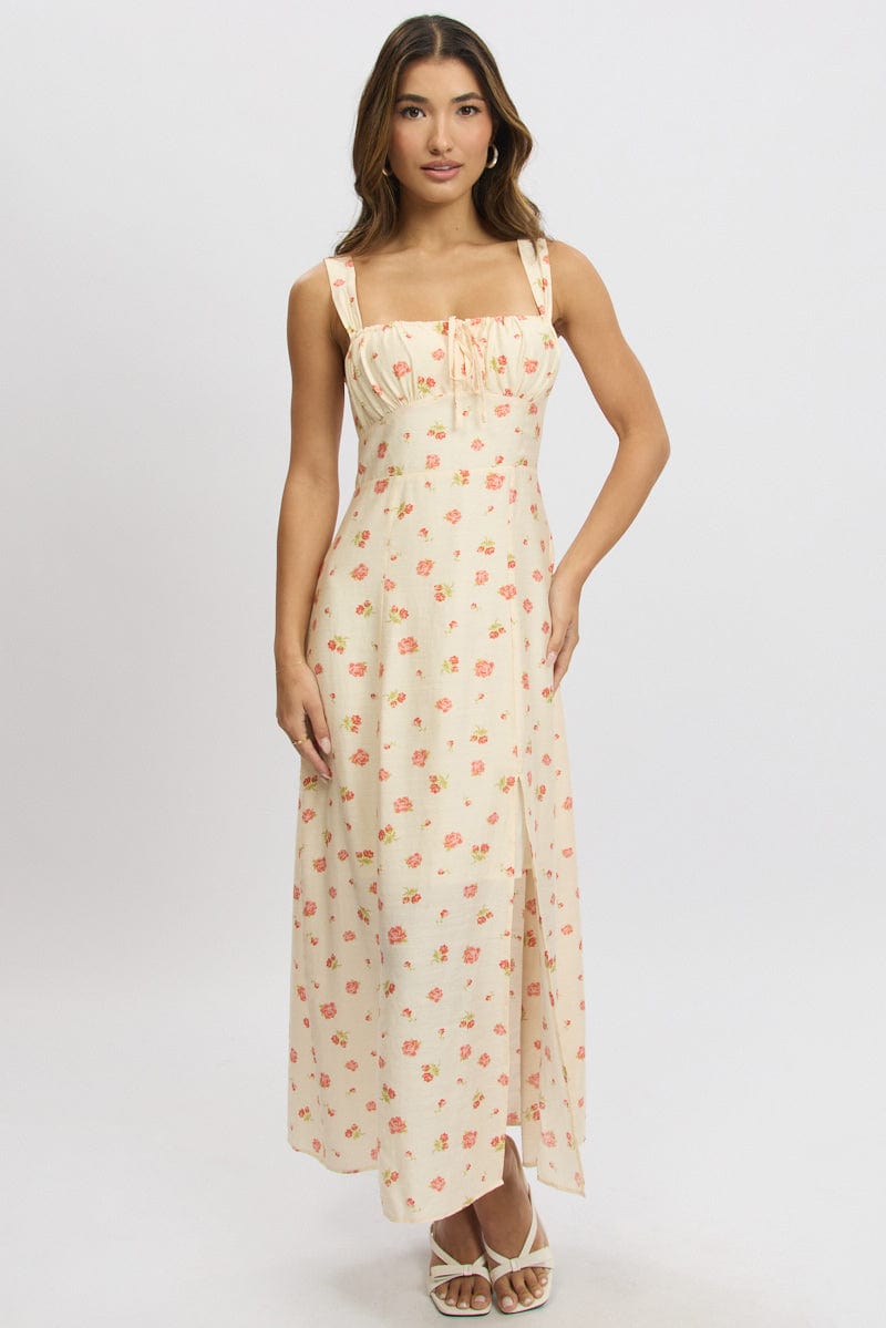 Pink Floral Midi Dress Gathered Bust | Ally Fashion