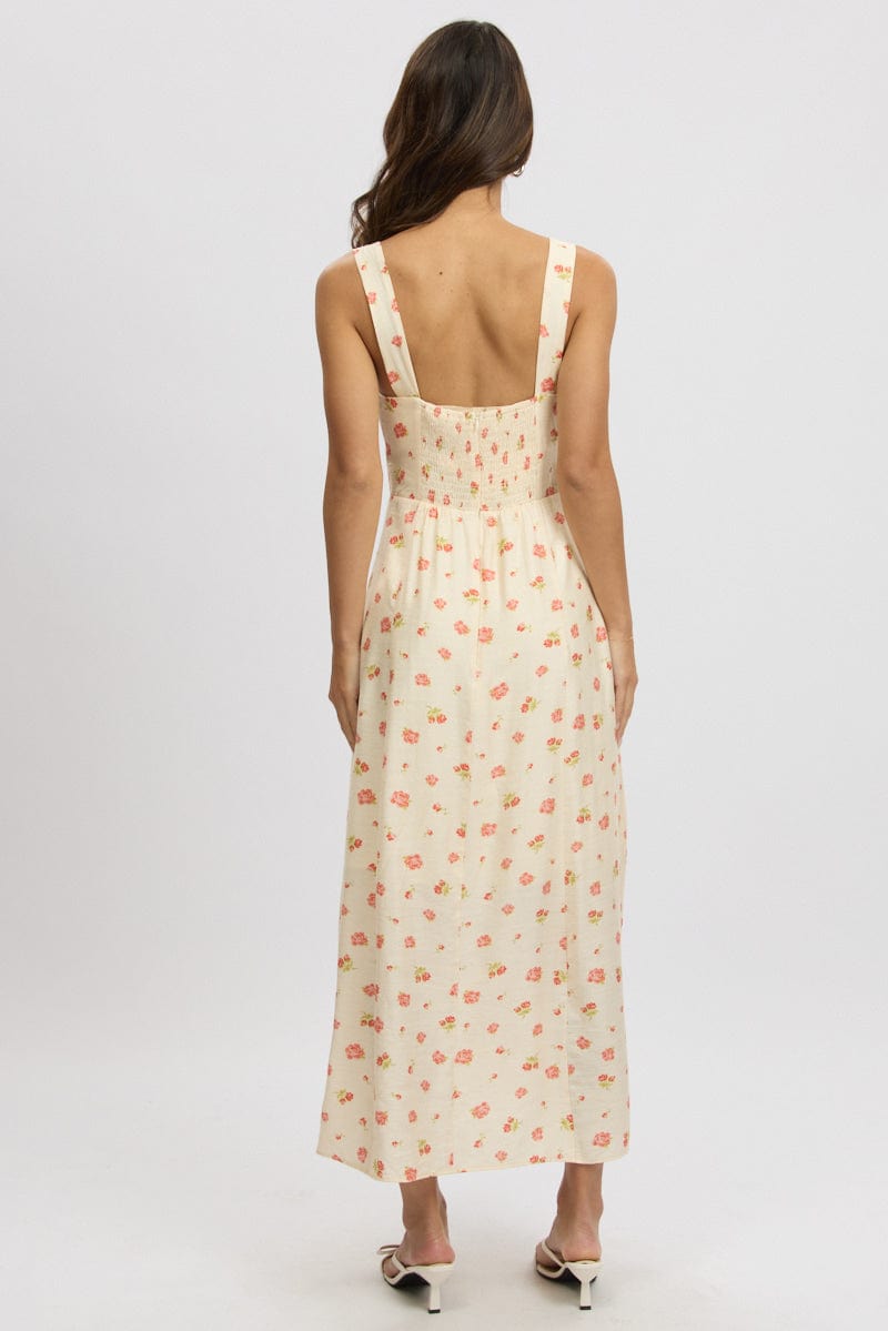 Pink Floral Midi Dress Gathered Bust | Ally Fashion
