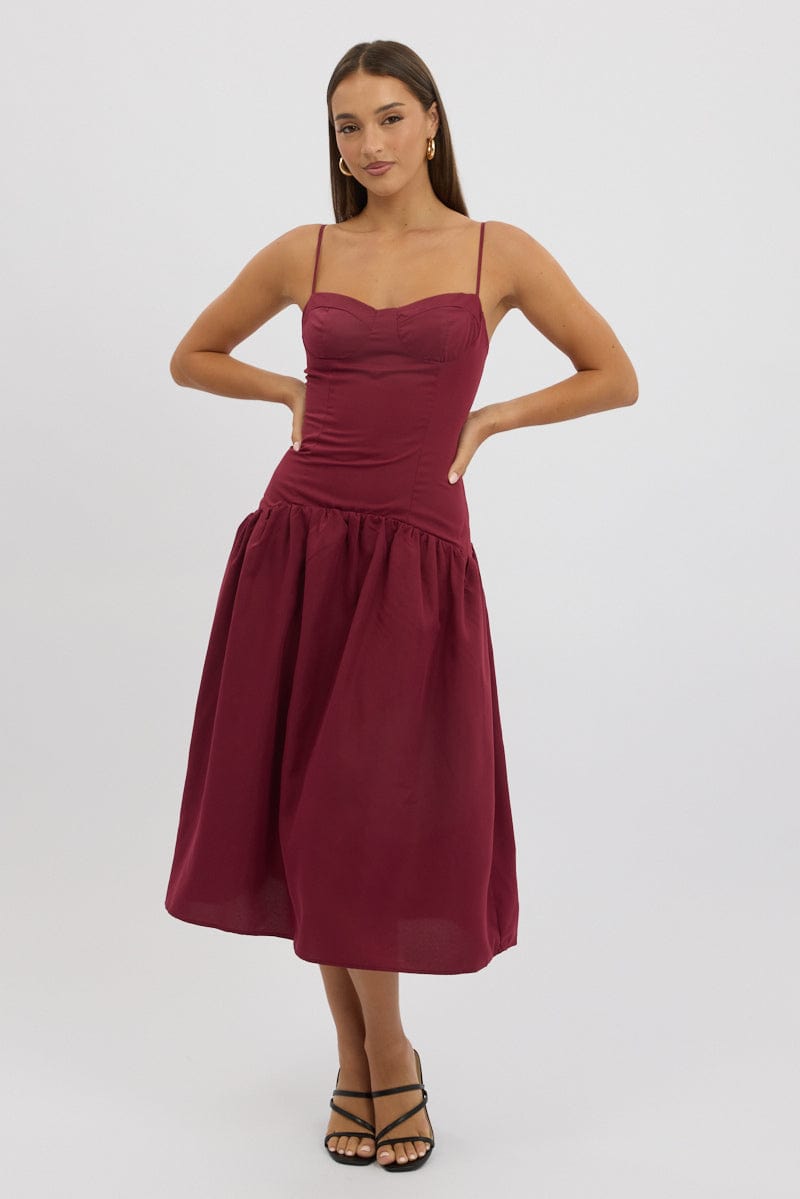 dark red midi dress Red Midi Dress Drop Waist