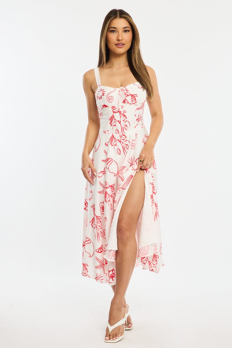 Ally Fashion Red Abstract Midi Dress Gathered Bust (Style Code ED4596A-124P) with sweetheart neckline and front leg split