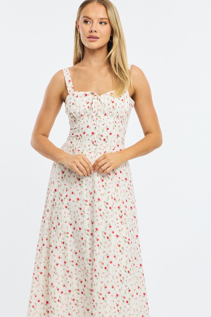 Red Ditsy Midi Dress Gathered Bust for Ally Fashion