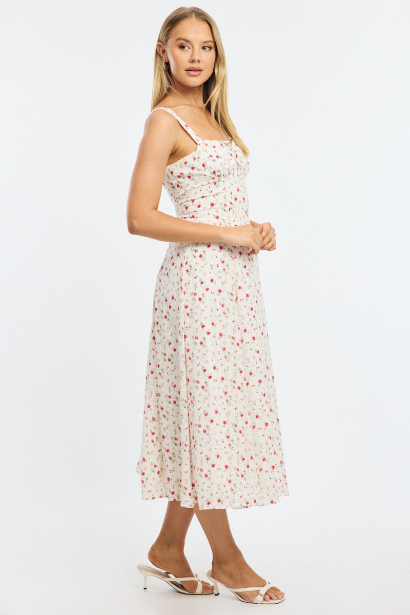 Red Ditsy Midi Dress Gathered Bust for Ally Fashion