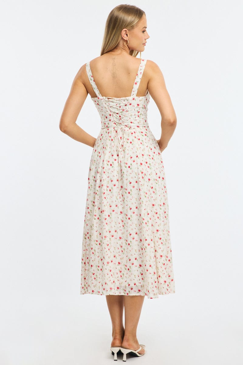 Red Ditsy Midi Dress Gathered Bust for Ally Fashion