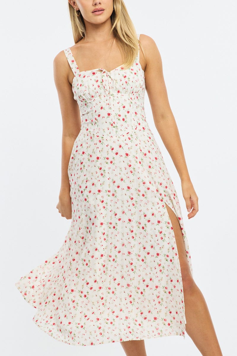 Red Ditsy Midi Dress Gathered Bust for Ally Fashion