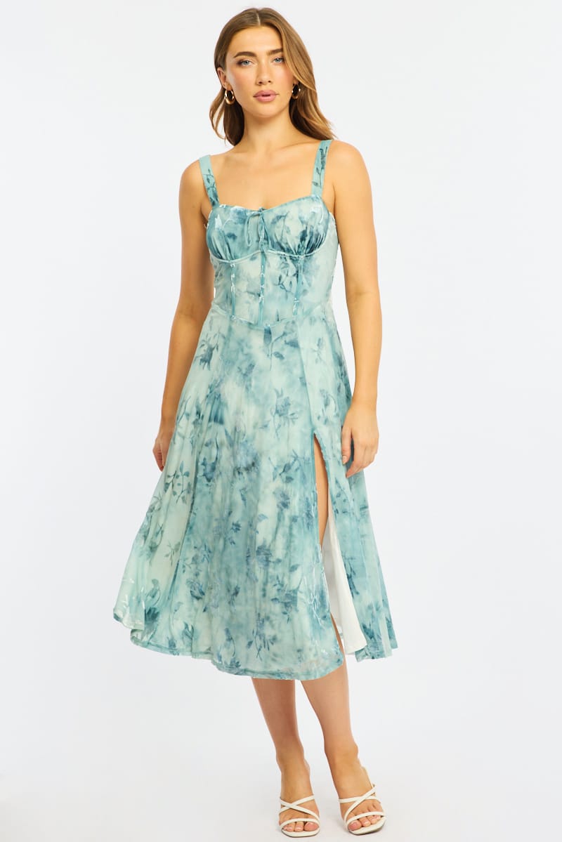 Blue Floral Midi Dress Gathered Bust for Ally Fashion