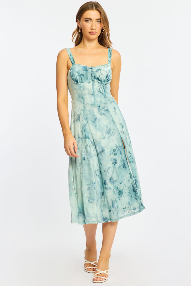 Blue Floral Midi Dress Gathered Bust for Ally Fashion