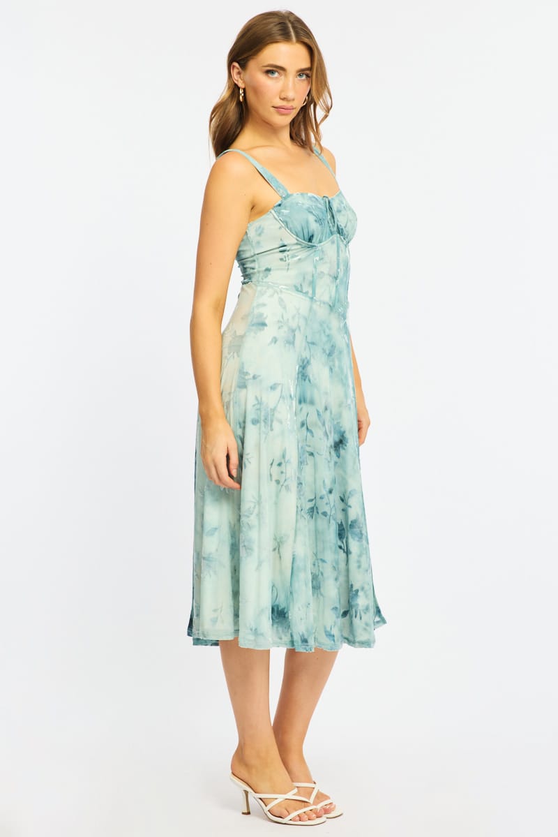 Blue Floral Midi Dress Gathered Bust for Ally Fashion
