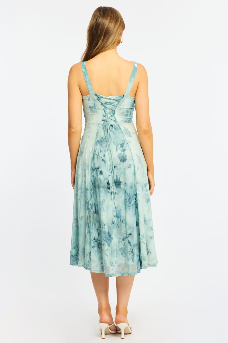 Blue Floral Midi Dress Gathered Bust for Ally Fashion