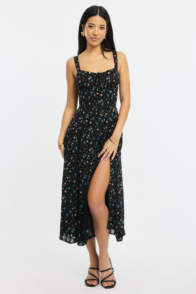 Black Ditsy Midi Dress Gathered Bust for Ally Fashion