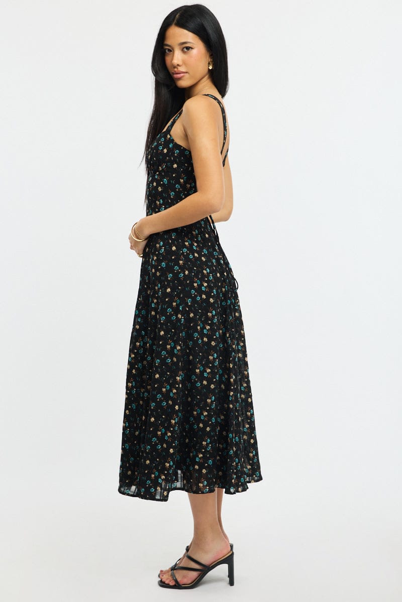 Black Ditsy Midi Dress Gathered Bust for Ally Fashion
