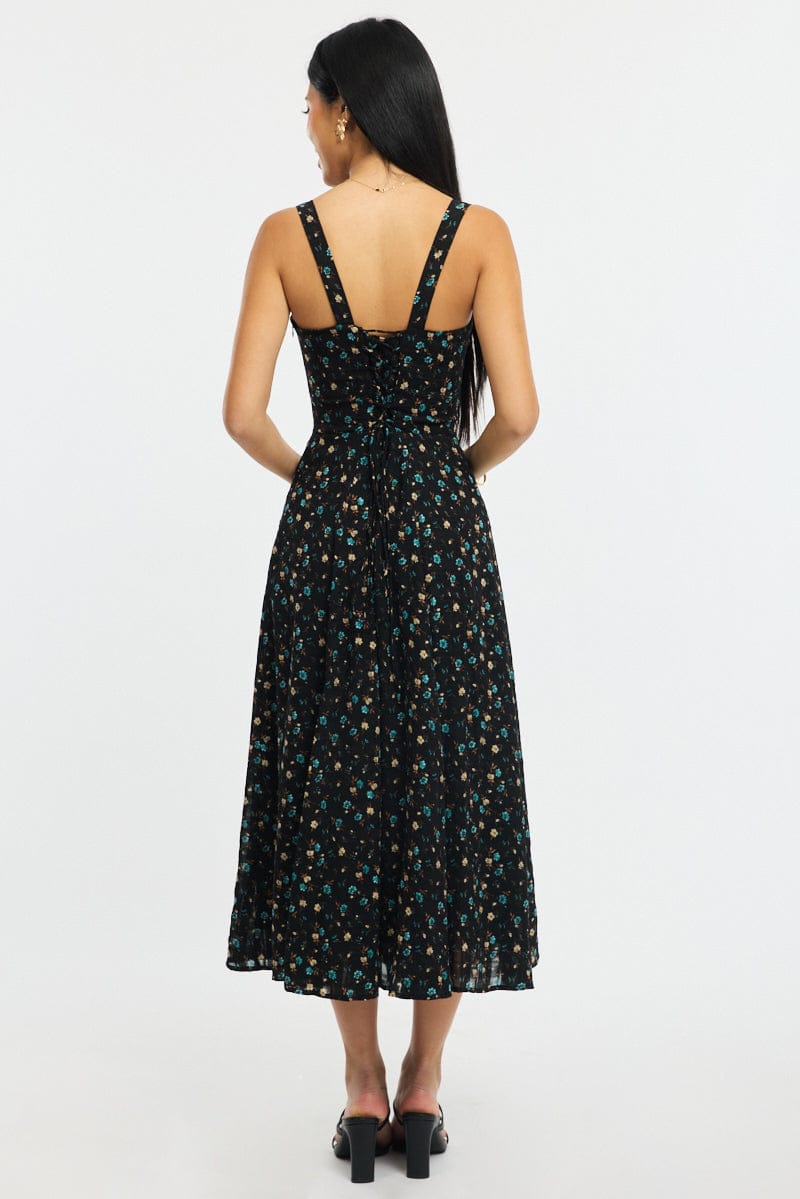 Black Ditsy Midi Dress Gathered Bust for Ally Fashion