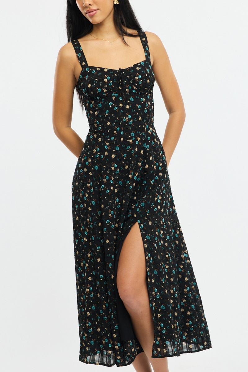 Black Ditsy Midi Dress Gathered Bust for Ally Fashion