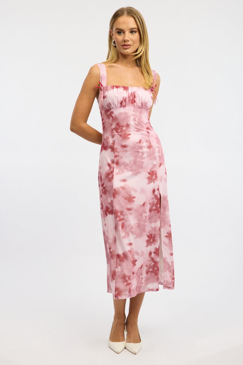 Pink Floral Midi Dress Gathered Bust Mesh | Ally Fashion