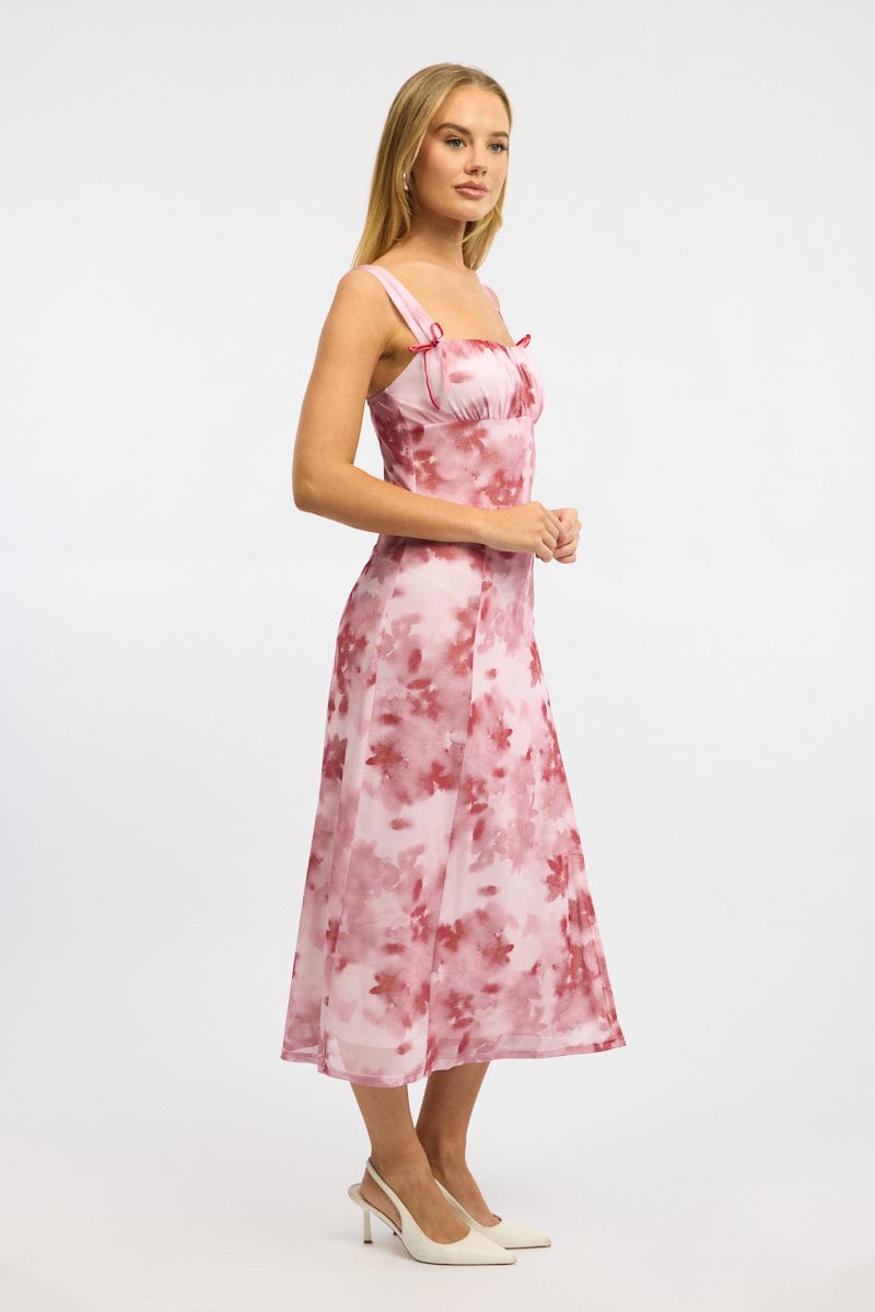Pink Floral Midi Dress Gathered Bust Mesh | Ally Fashion