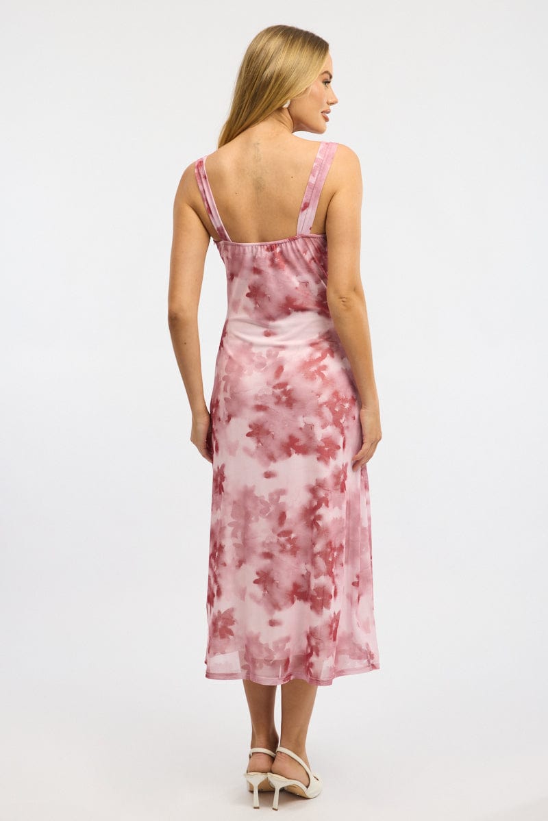 Pink Floral Midi Dress Gathered Bust Mesh | Ally Fashion