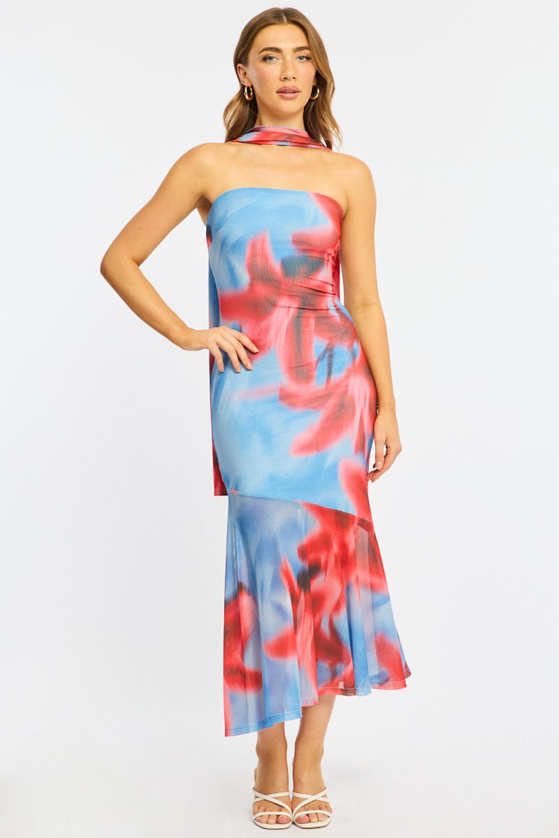 Blue Floral Strapless Maxi Dress for Ally Fashion
