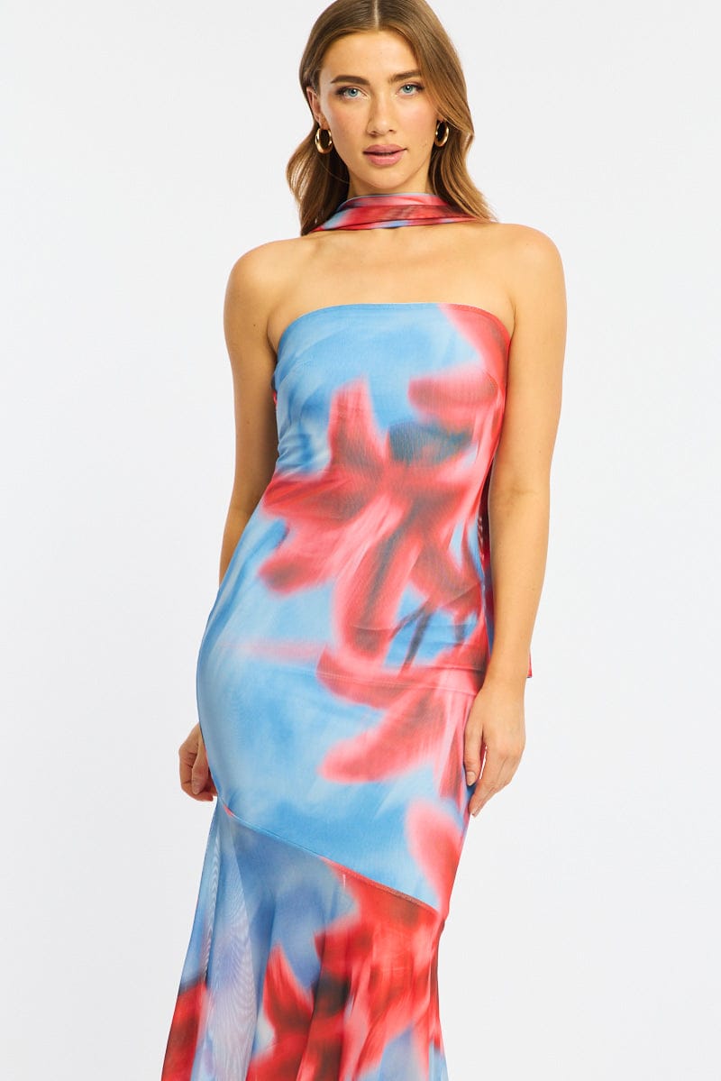 Blue Floral Strapless Maxi Dress for Ally Fashion
