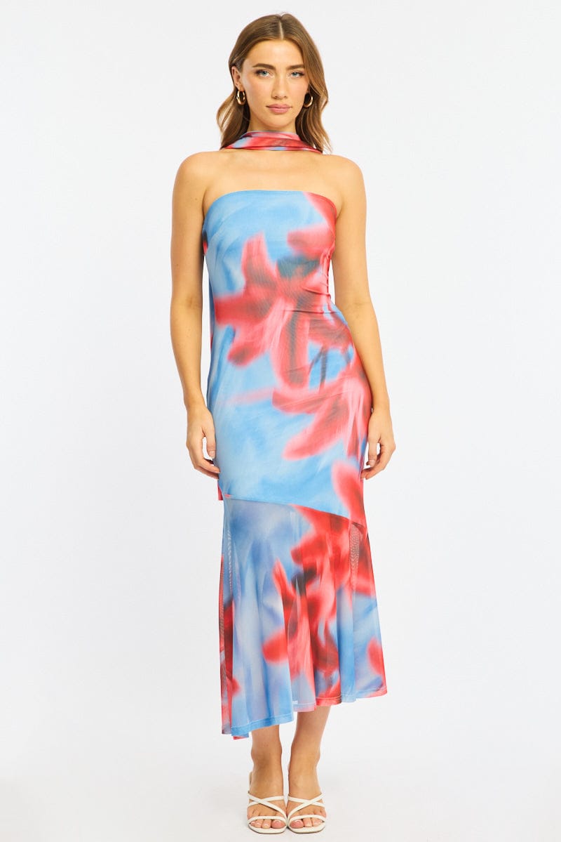 Blue Floral Strapless Maxi Dress for Ally Fashion