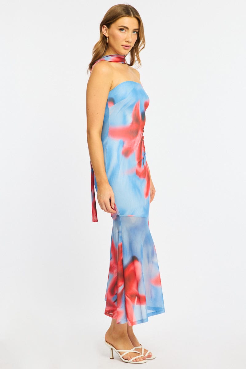 Blue Floral Strapless Maxi Dress for Ally Fashion