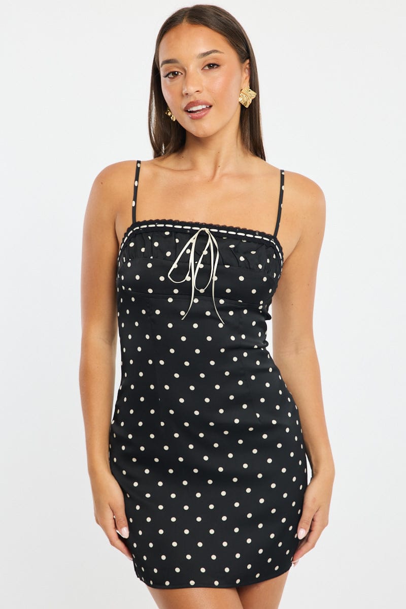 Black Polka Dot Mini Dress Satin for Ally Fashion