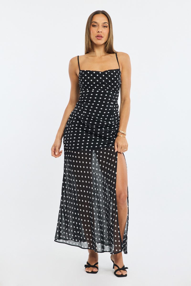 Black Polka Dot Maxi Dress Strappy for Ally Fashion