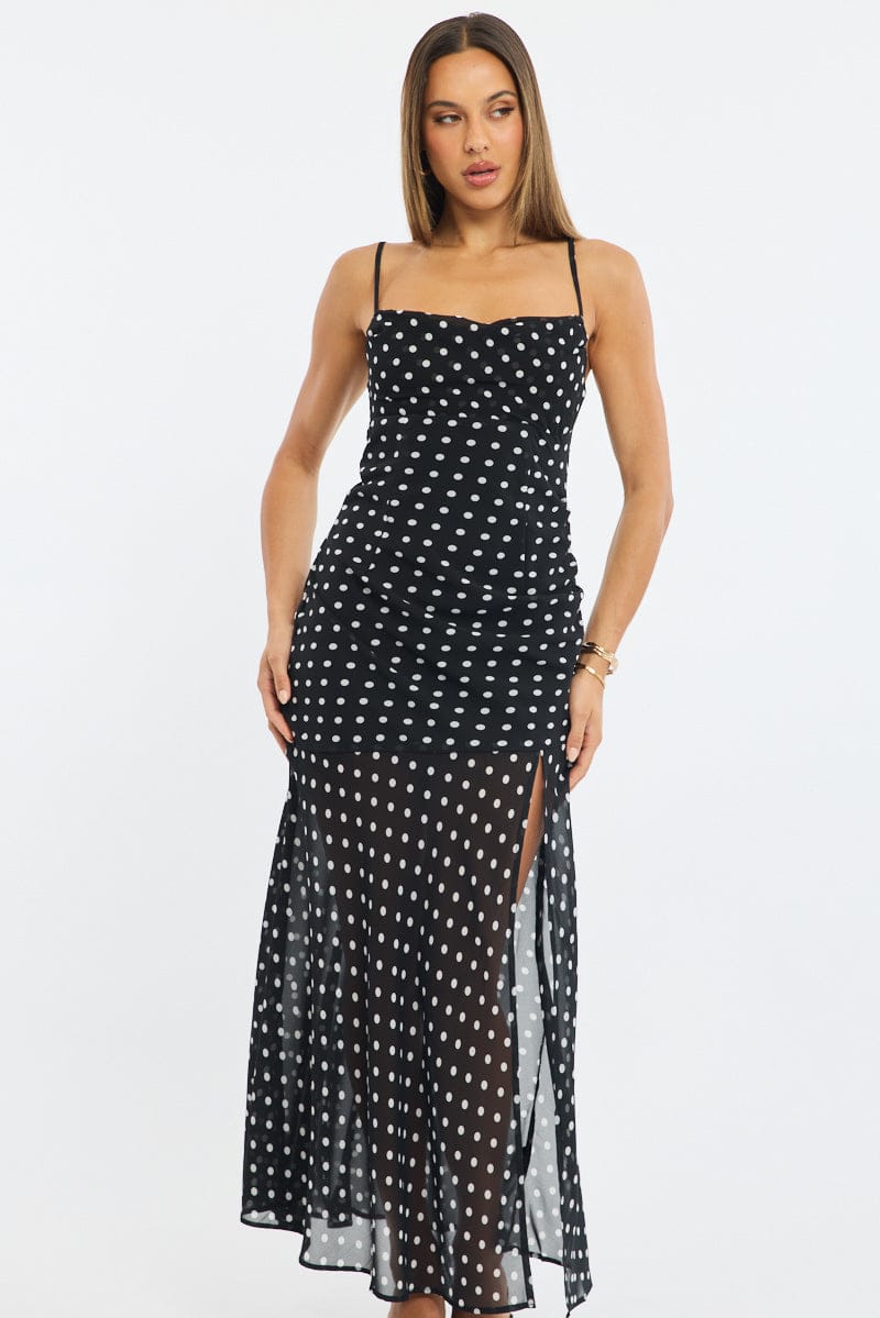 Black Polka Dot Maxi Dress Strappy for Ally Fashion