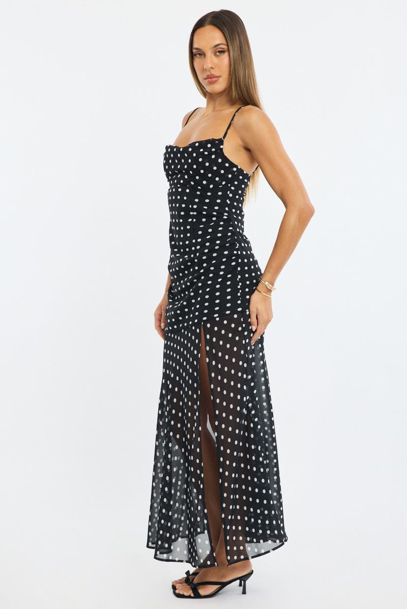 Black Polka Dot Maxi Dress Strappy for Ally Fashion