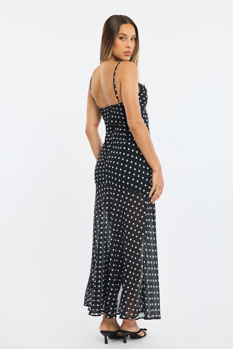Black Polka Dot Maxi Dress Strappy for Ally Fashion