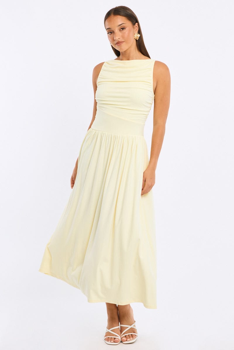 Yellow Maxi Dress Boat Neck for Ally Fashion